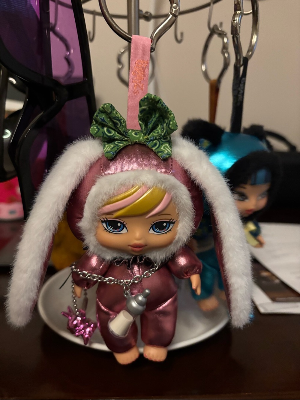 Pink Bunny Outfit Mini Doll Keychain with Green Bow